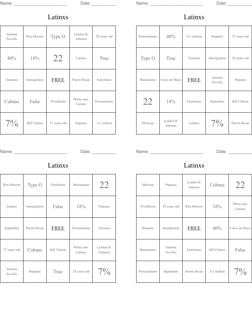 Latinxs Bingo Cards