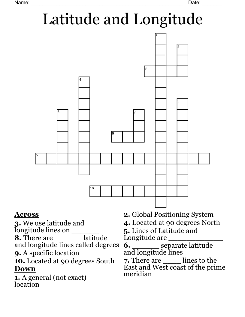 Latitude and Longitude Crossword
