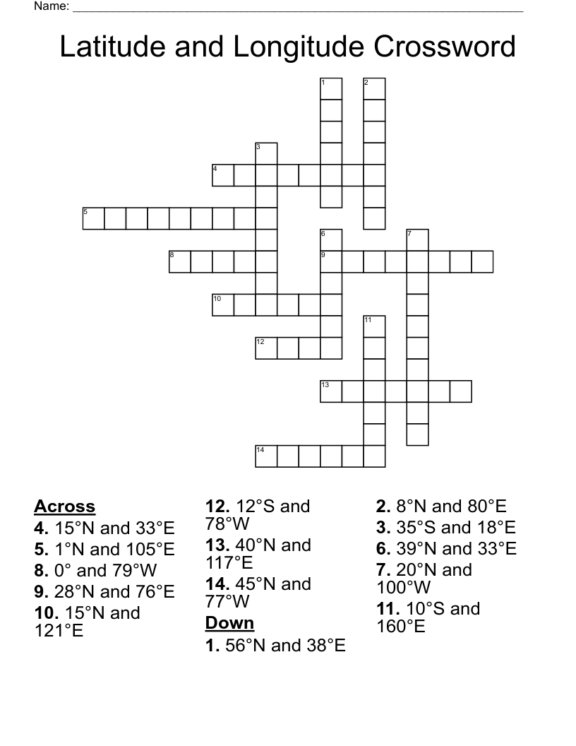 Latitude and Longitude Crossword