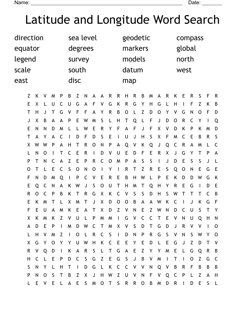 Latitude and Longitude Word Search