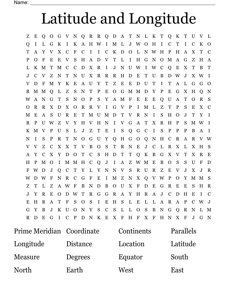 Latitude and Longitude  Word Search