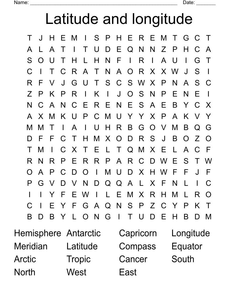 Latitude and longitude Word Search