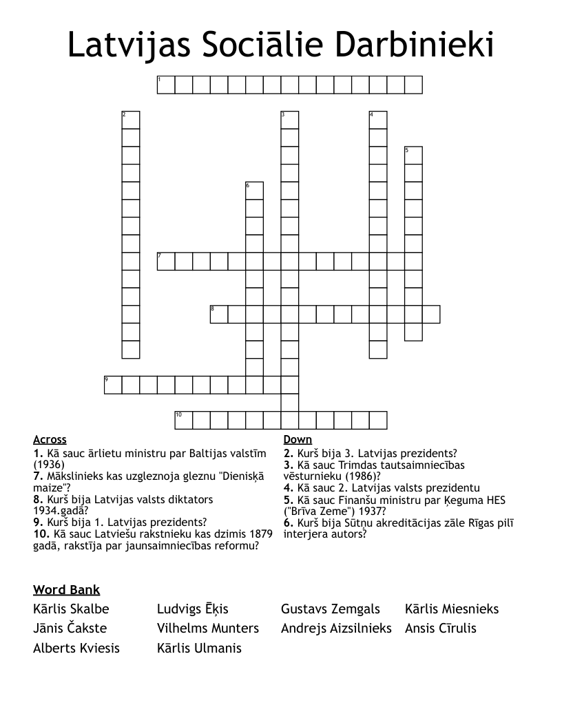 Latvijas Sociālie Darbinieki Crossword