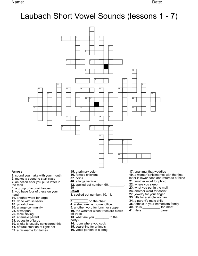 Laubach Short Vowel Sounds (lessons 1 - 7) Crossword
