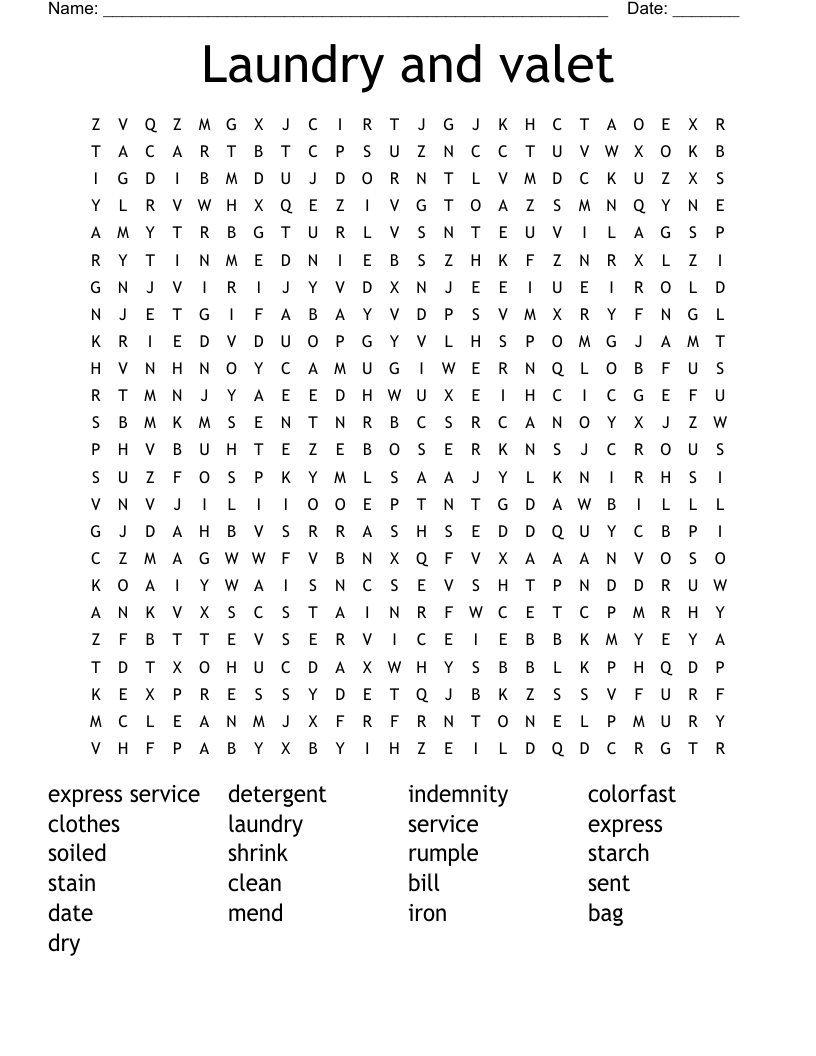 Laundry and valet Word Search