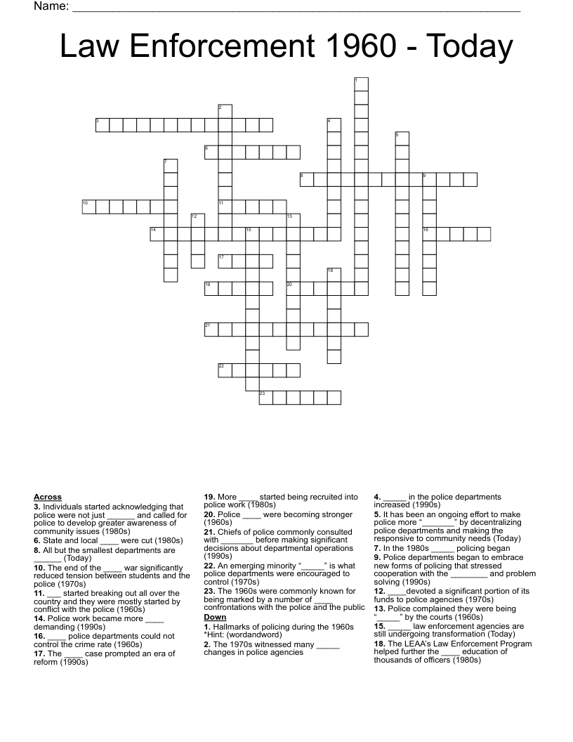 Law Enforcement 1960 - Today Crossword