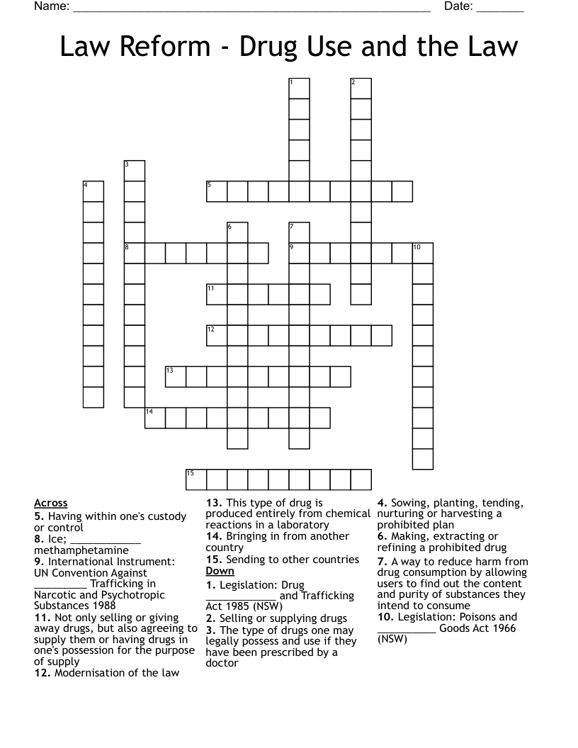 Law Reform - Drug Use and the Law Crossword