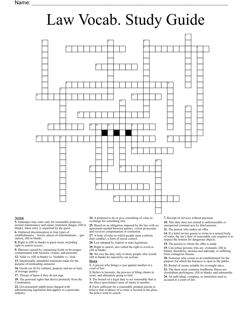 Law Vocab. Study Guide Crossword