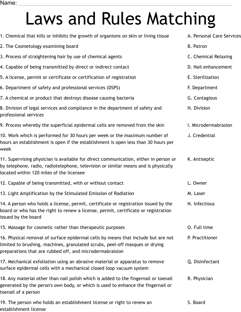 Laws and Rules Matching Worksheet