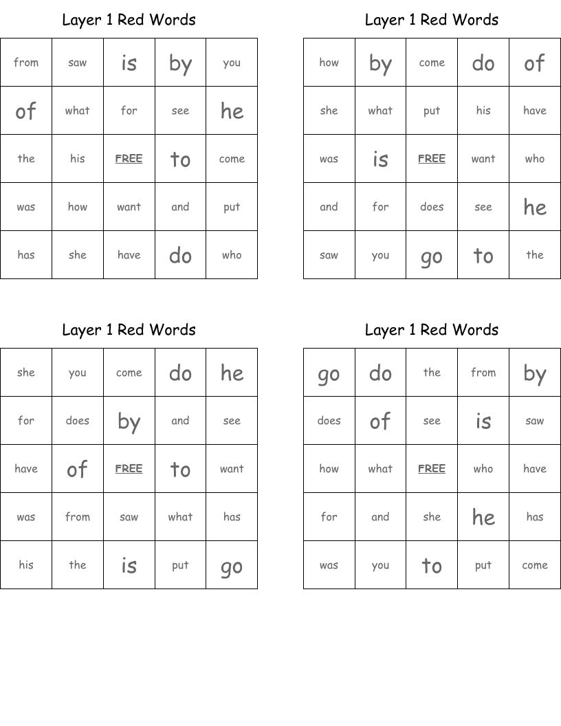 Layer 1 Red Words  Bingo Cards