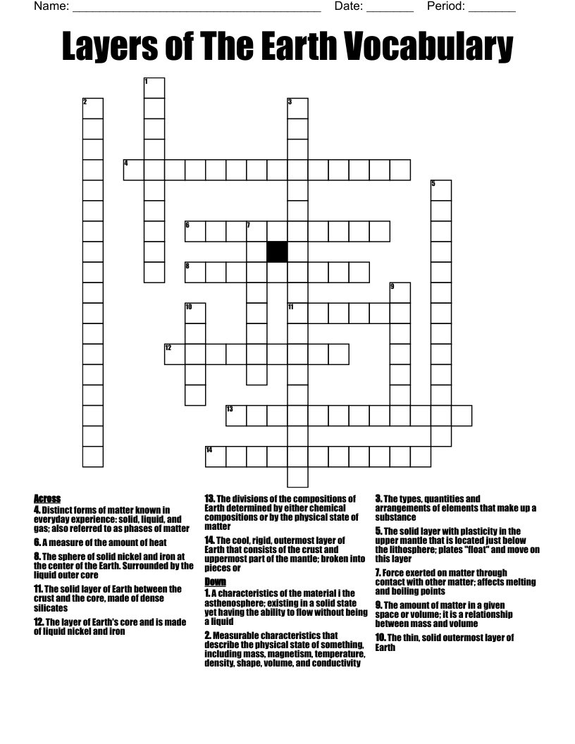 Layers of The Earth Vocabulary Crossword
