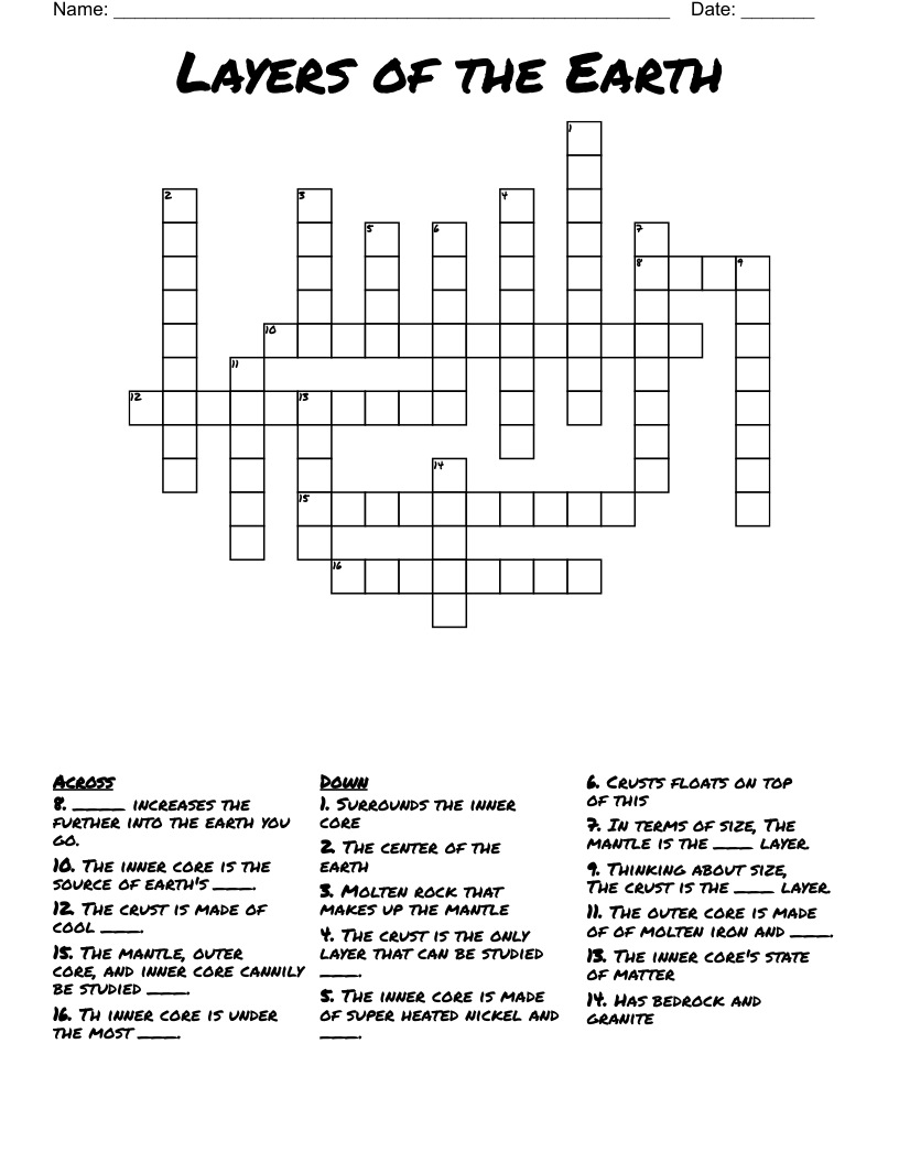 Layers of the Earth Crossword
