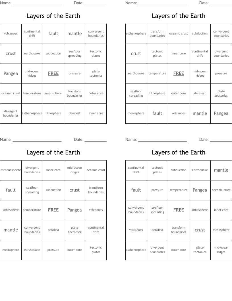 Layers of the Earth Bingo Cards