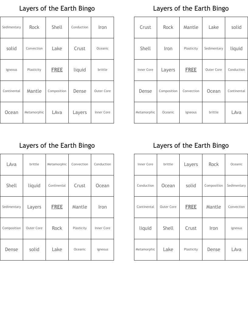 Layers of the Earth Bingo