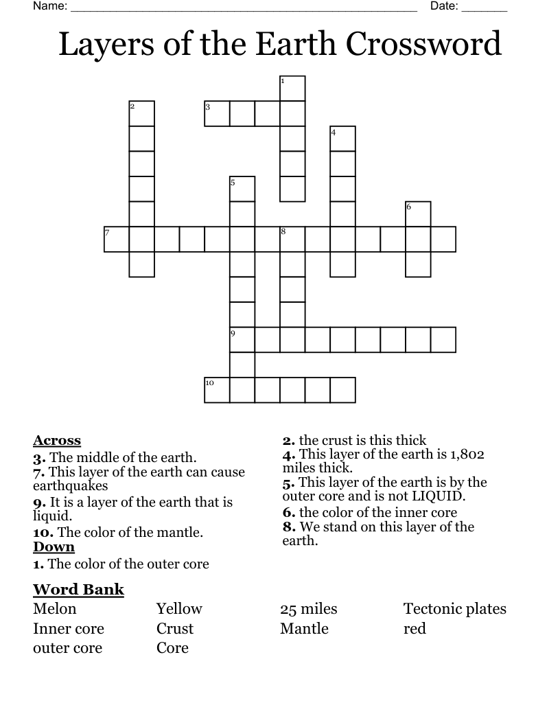 Layers of the Earth Crossword
