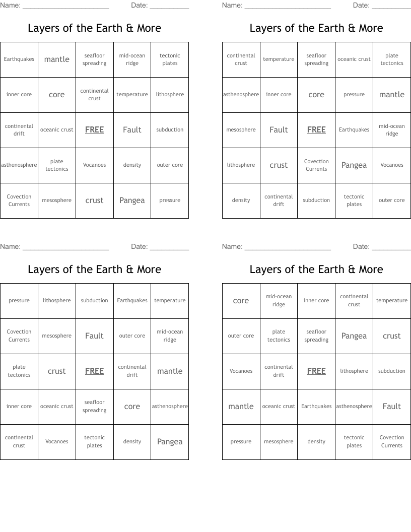Layers of the Earth & More Bingo Cards