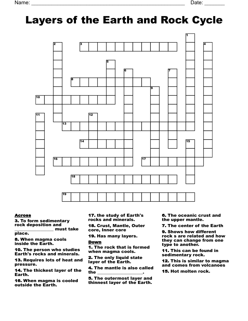 Layers of the Earth and Rock Cycle Crossword