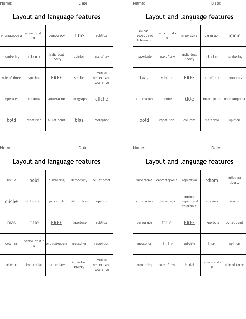 Layout and language features Bingo Cards