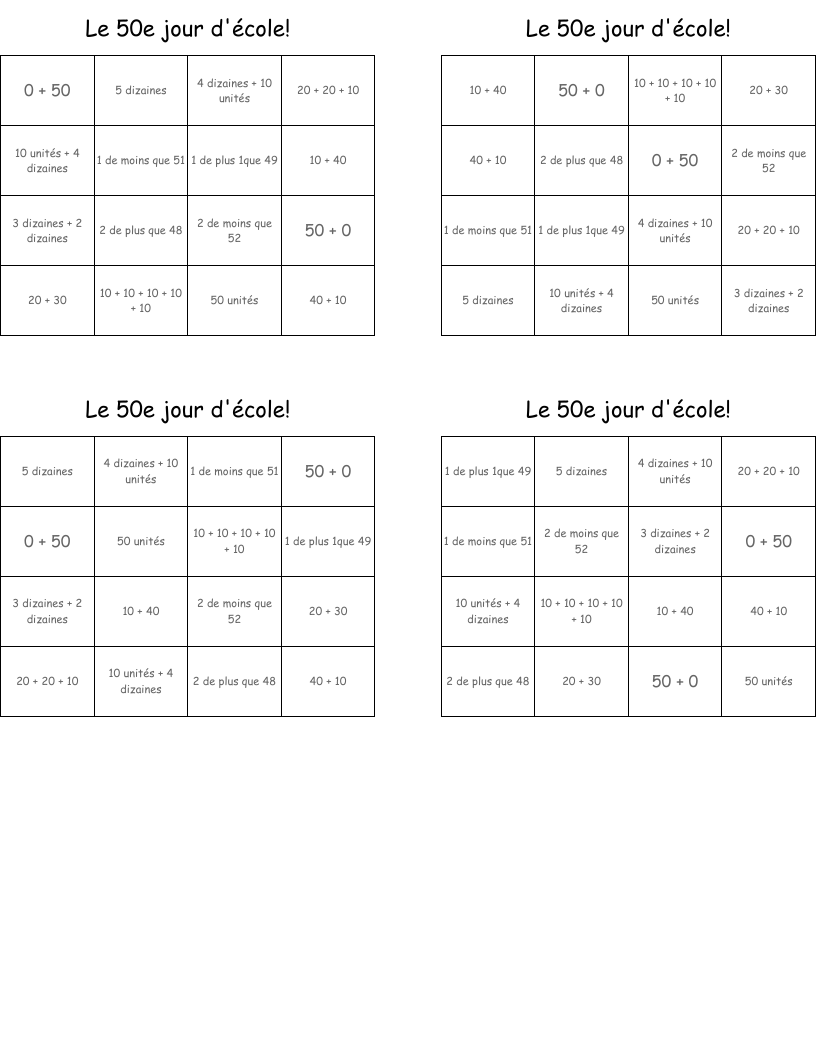 Le 50e jour d'école! Bingo Cards