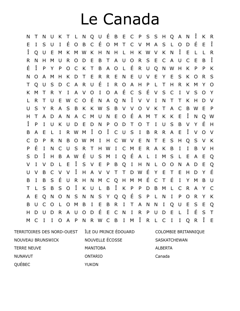 Le Canada Word Search