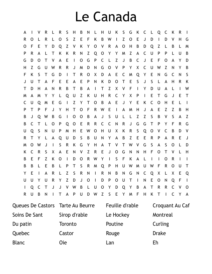 Le Canada Word Search