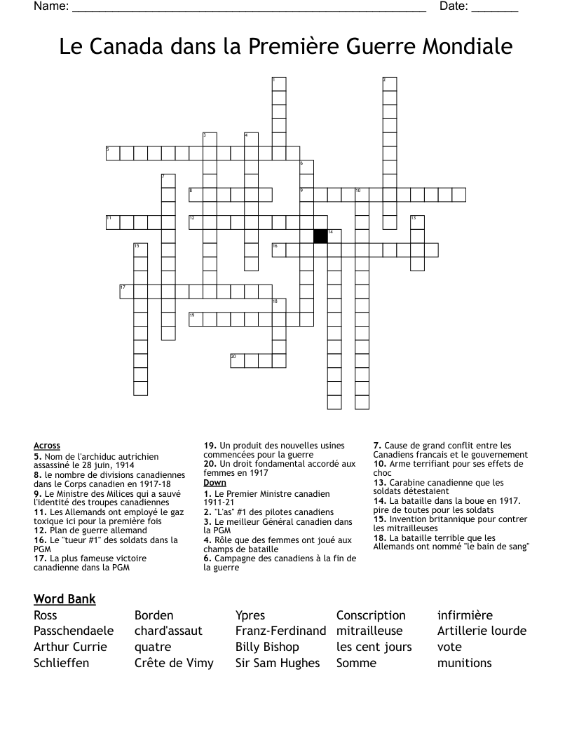 Le Canada dans la Première Guerre Mondiale Crossword