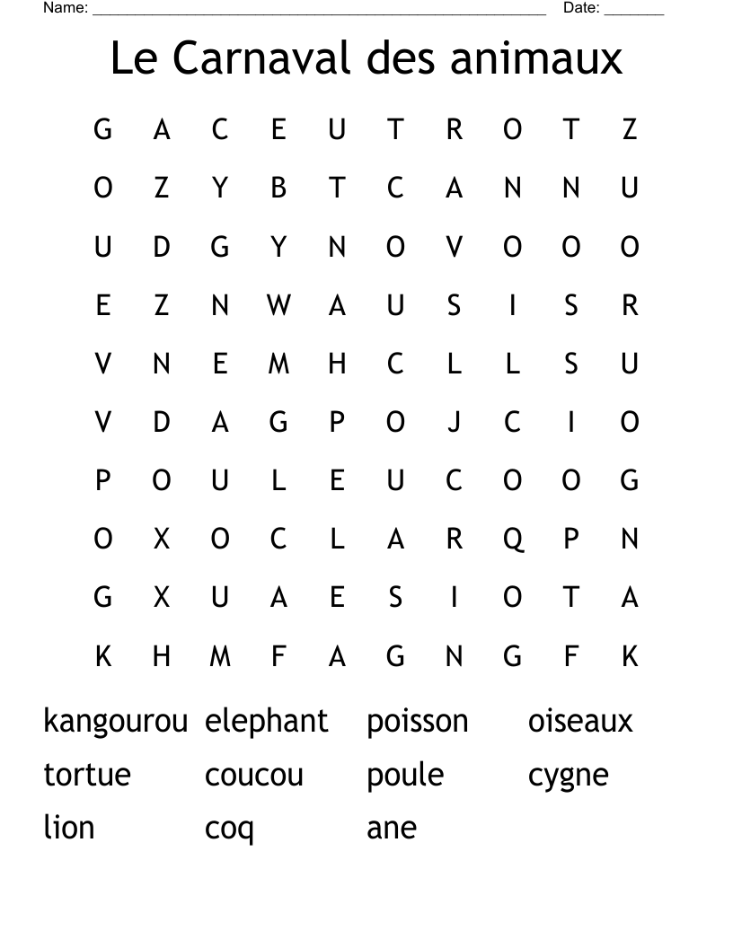 Le Carnaval des animaux Word Search