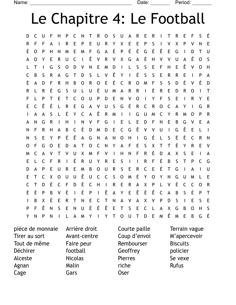 Le Chapitre 4: Le Football Word Search