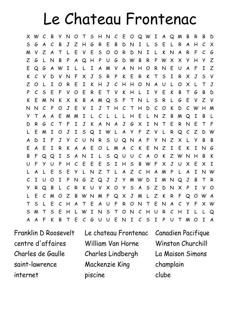 Le Chateau Frontenac Word Search