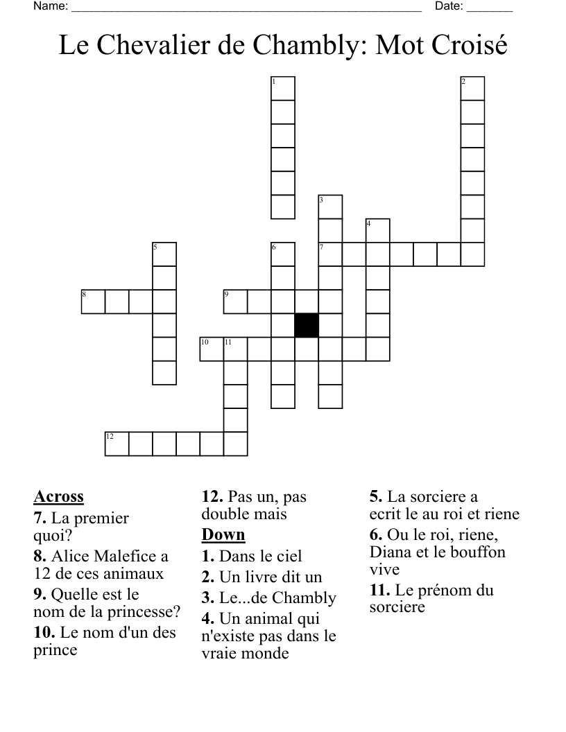 Le Chevalier de Chambly: Mot Croisé Crossword