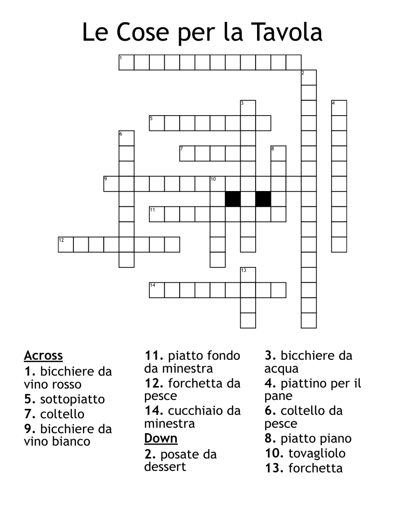 Le Cose per la Tavola Crossword
