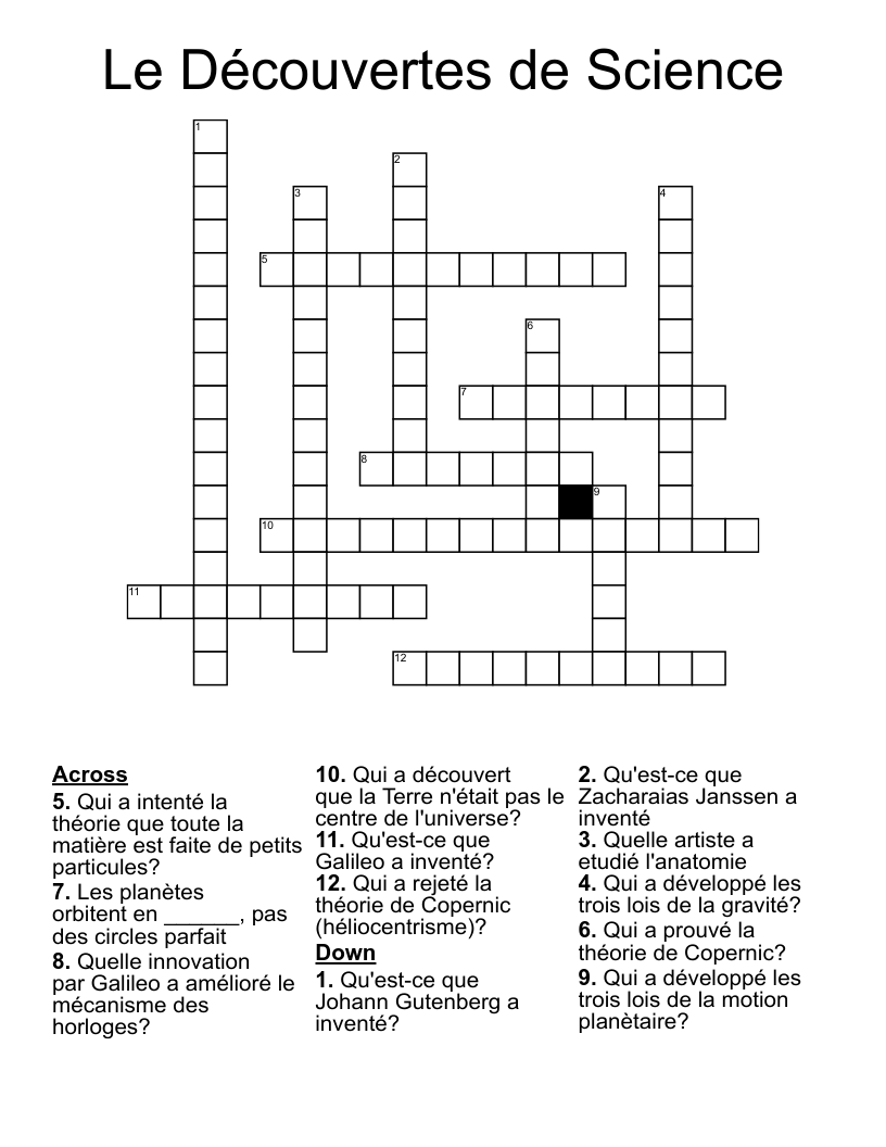 Le Découvertes de Science Crossword
