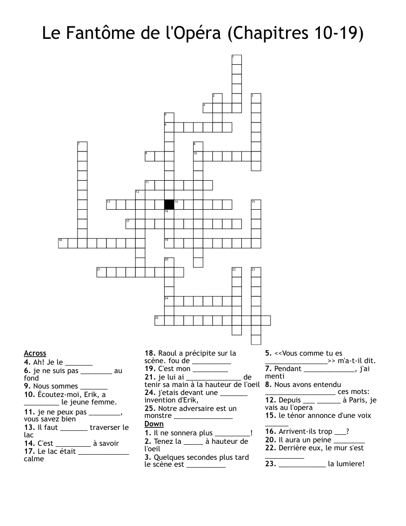 Le Fantôme de l'Opéra (Chapitres 10-19) Crossword