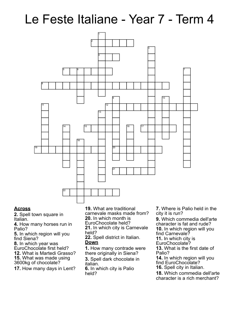Le Feste Italiane - Year 7 - Term 4 Crossword