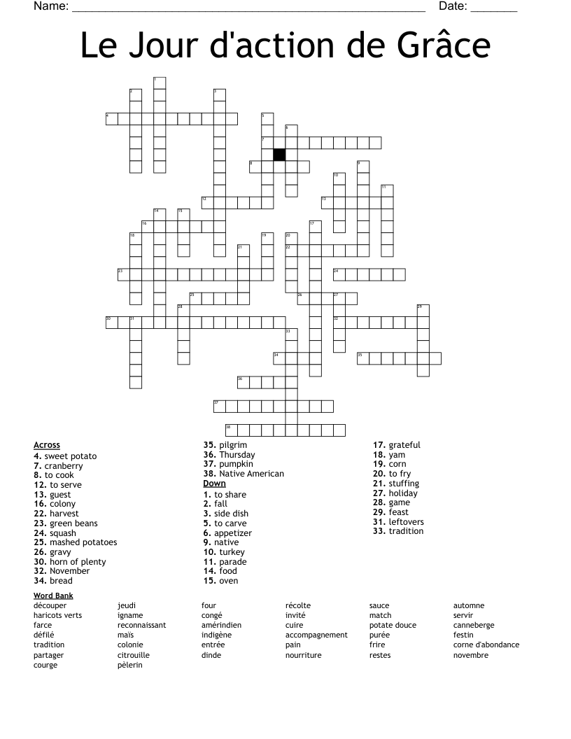 Le Jour d'action de Grâce Crossword