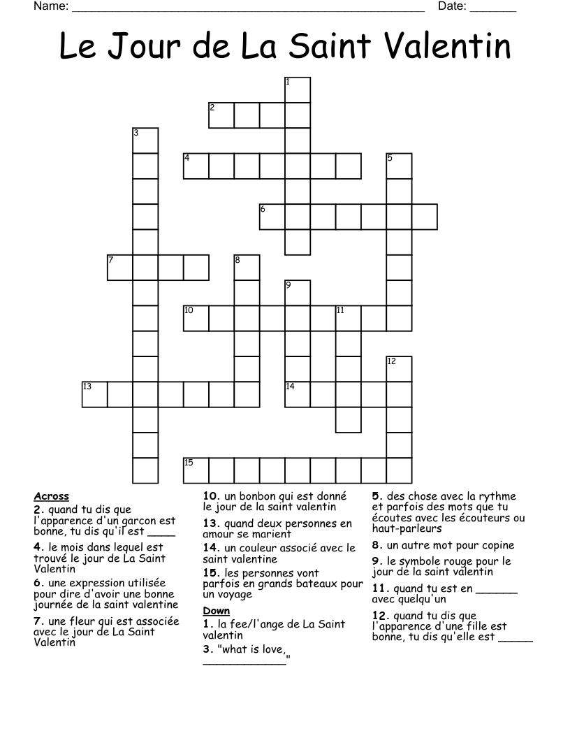 Le Jour de La Saint Valentin Crossword