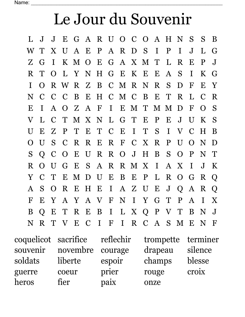 Le Jour du Souvenir Word Search