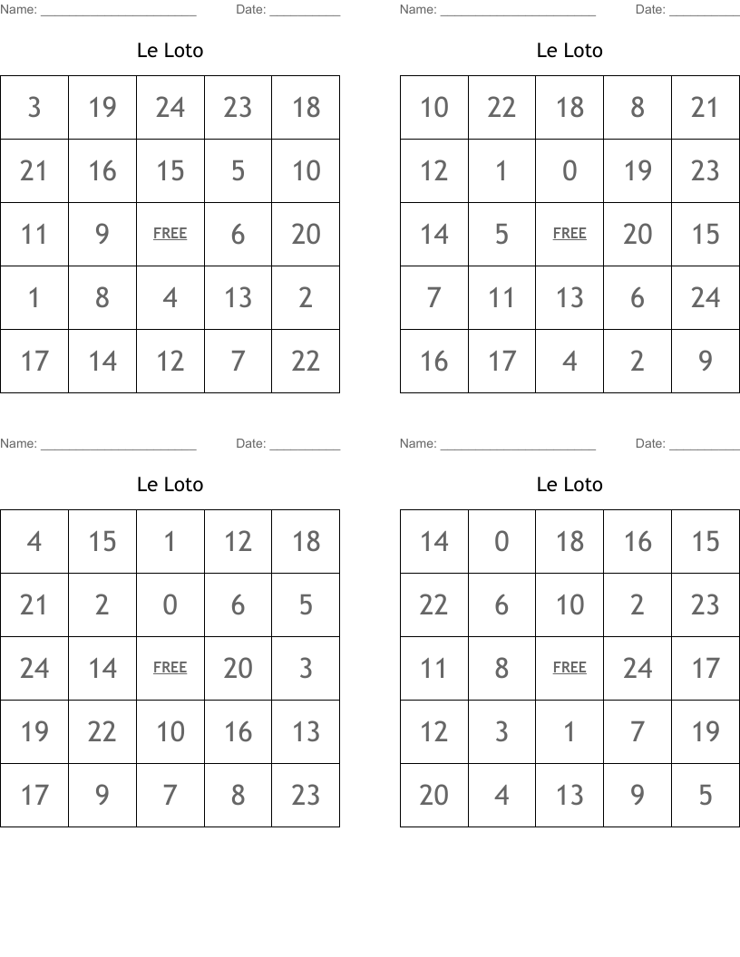 Le Loto  Bingo Cards