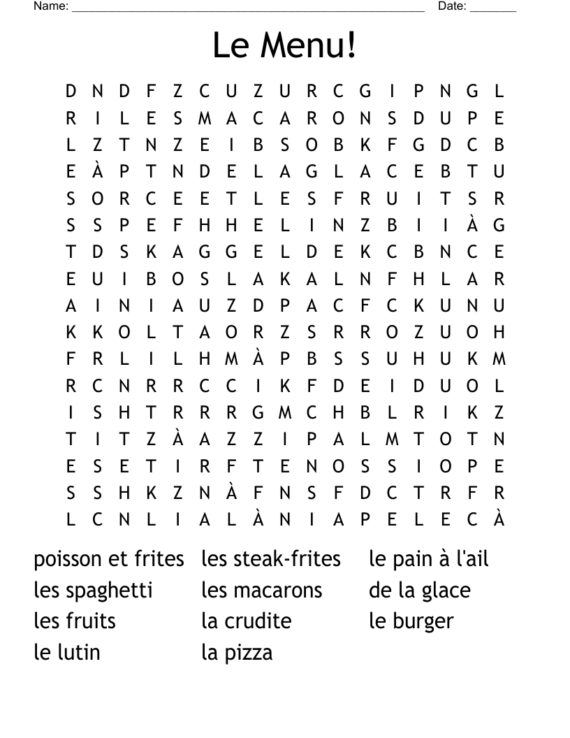 Le Menu!  Word Search