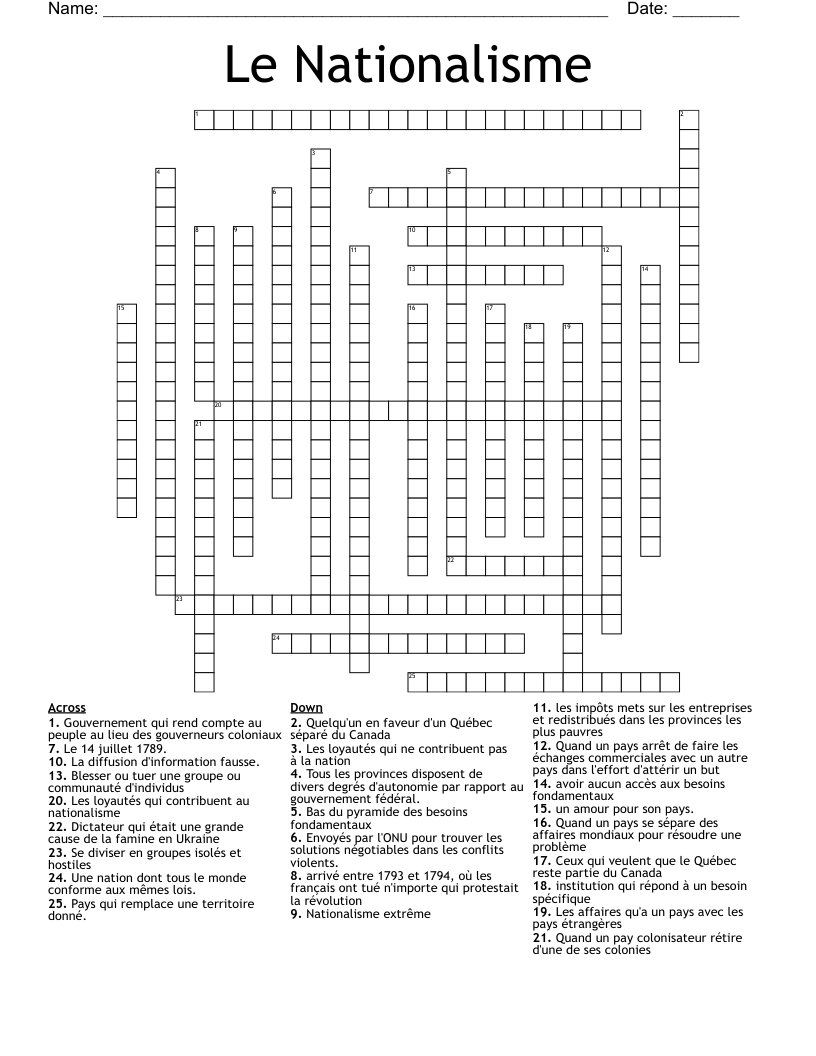 Le Nationalisme Crossword