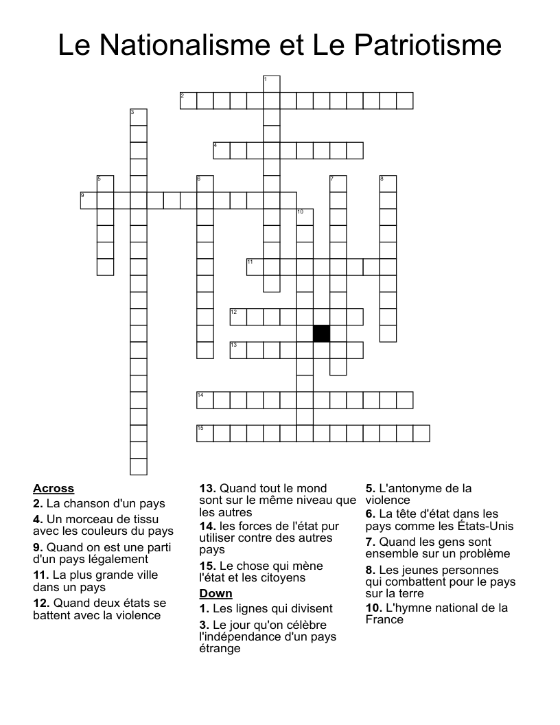Le Nationalisme et Le Patriotisme Crossword