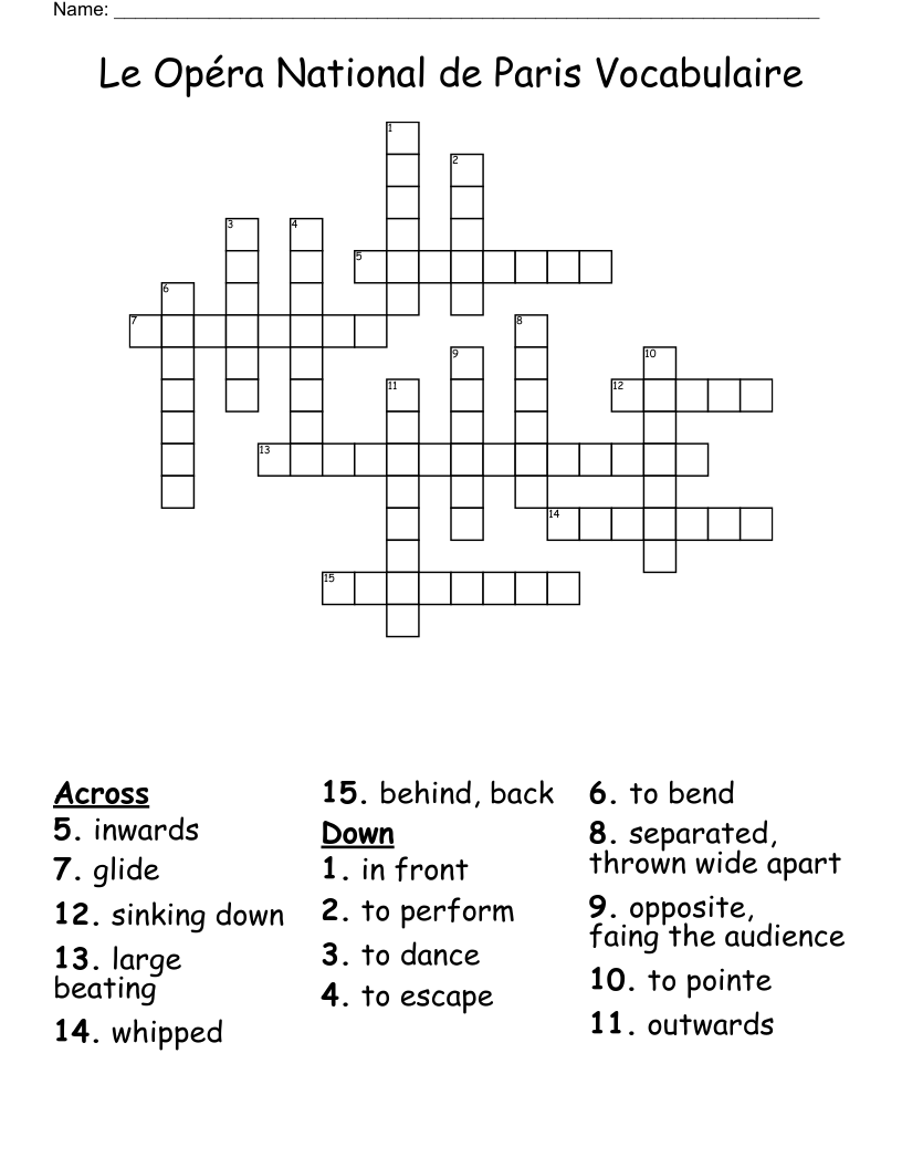 Le Opéra National de Paris Vocabulaire  Crossword