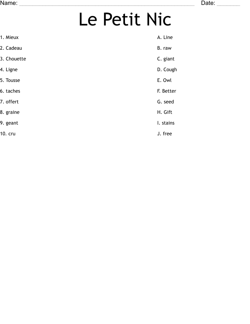 Le Petit Nic Worksheet