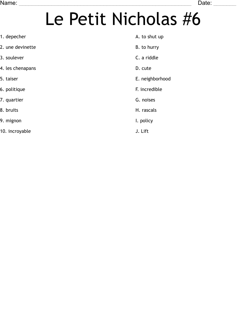 Le Petit Nicholas #6 Worksheet