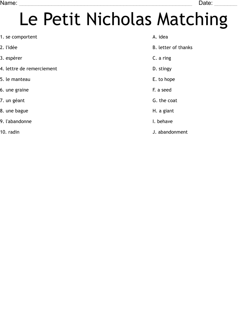 Le Petit Nicholas Matching Worksheet