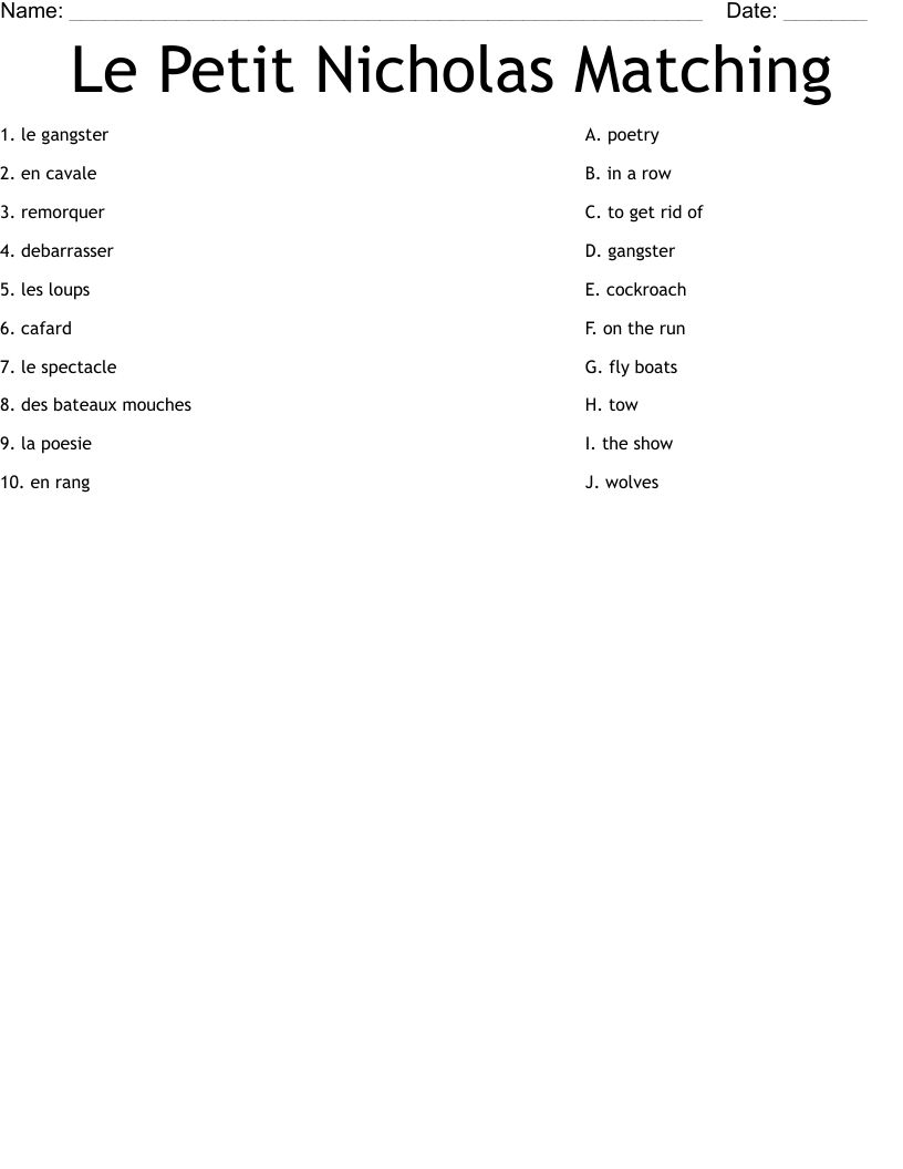 Le Petit Nicholas Matching Worksheet