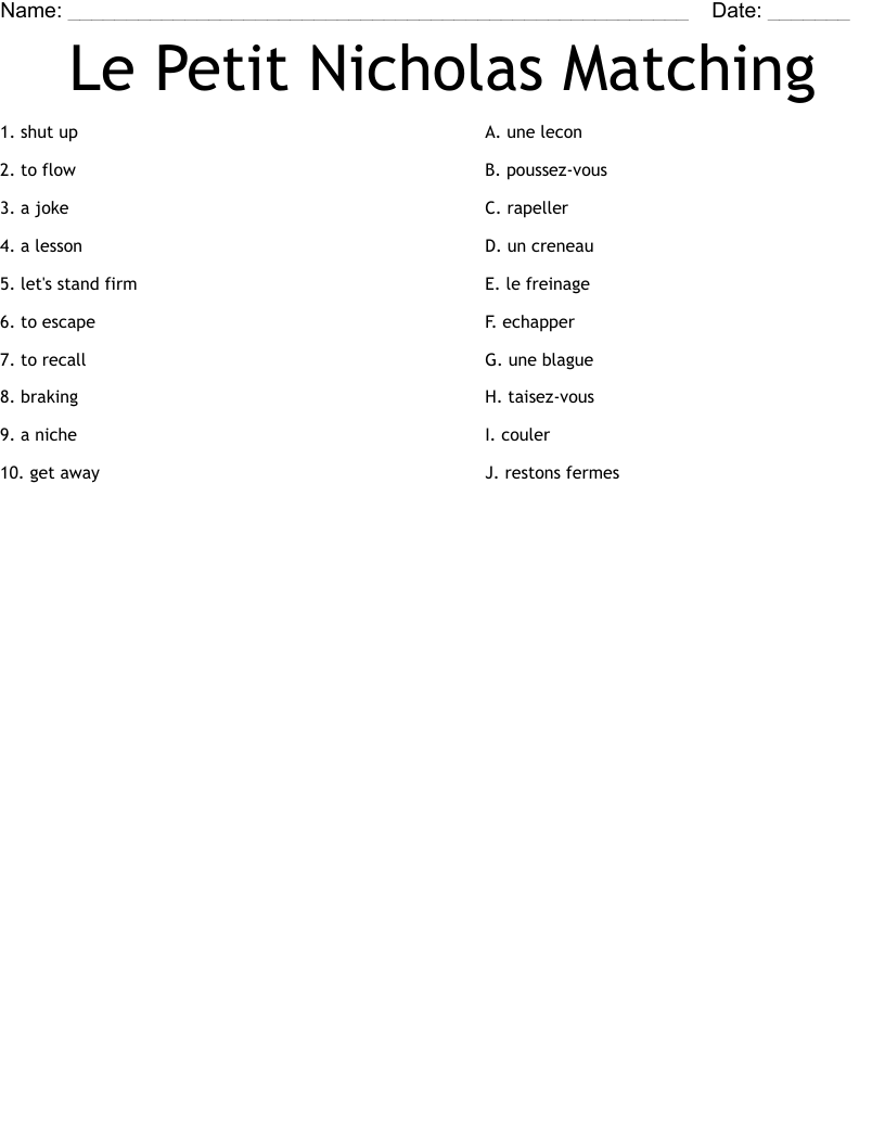 Le Petit Nicholas Matching Worksheet