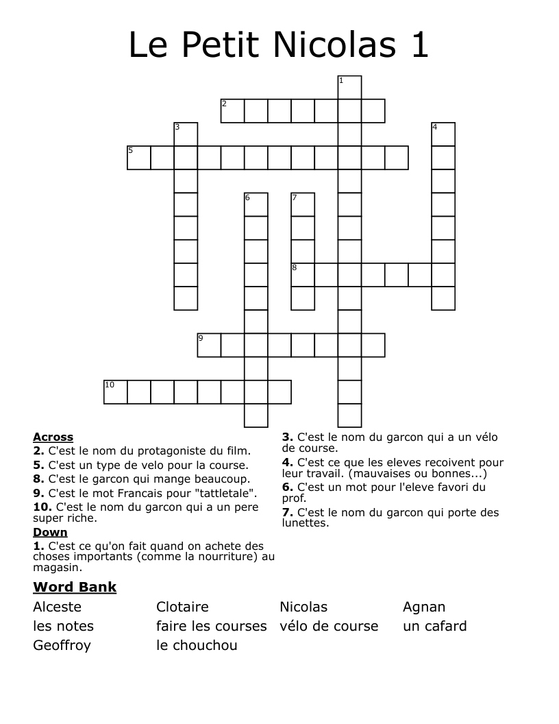 Le Petit Nicolas 1 Crossword