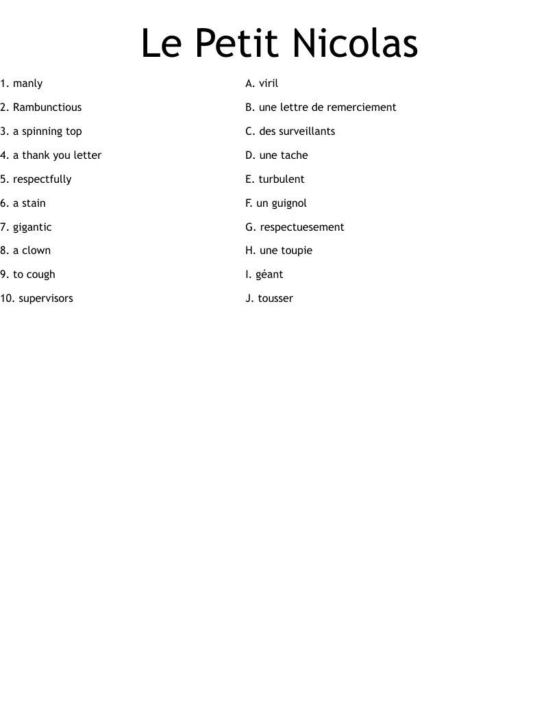 Le Petit Nicolas Worksheet