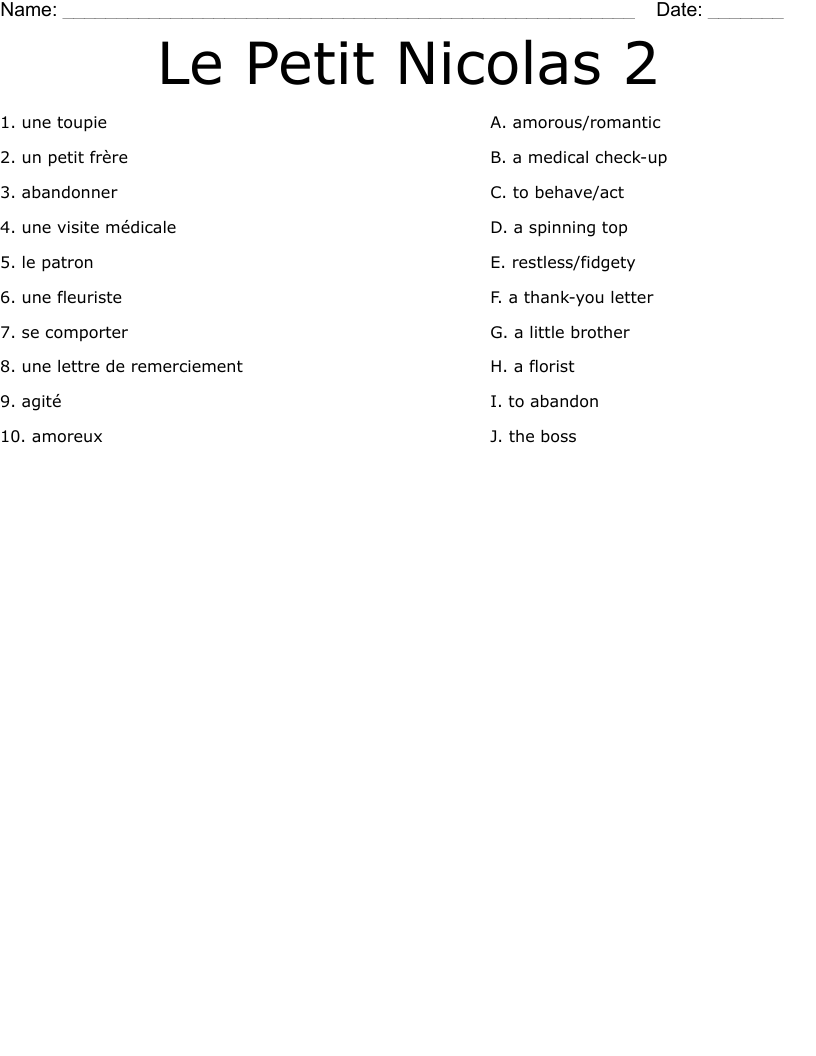 Le Petit Nicolas 2 Worksheet